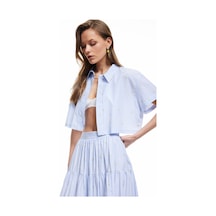 Koton Kısa Kollu Limon İşleme Detaylı Poplin Crop Gömlek Mavi Çizgili 5sak60359pw Mavi Çizgili