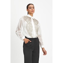 Kadın Şifon Gömlek - Zarif Boncuk İşlemeli Ekru