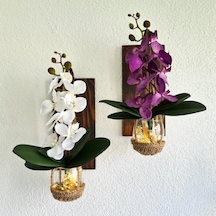 Duvar Dekoru, Led Işıklı, Mor Ve Beyaz Orkide Çiçekli, Ceviz Aplik İkili Set