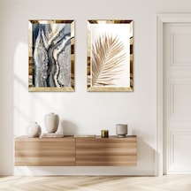 Gold Aynalı Pleksi Çerçeveli Beyaz Arka Planlı Gold Soyut Çiçek İkili Mdf Tablo Seti