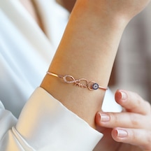 Sonsuzluk Nazar Boncuklu Annem Yazılı Rose Gold Kaplama Gümüş Kelepçe Gümüş