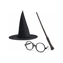 Harry Potter Tarzı Çocuk Seti - Siyah Keçe Şapka, Asa, Gözlük