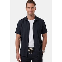 Deep Sea Deepsea Lacivert Slim Fit Çizgi Dokulu Keten Görünümlü Kısa Kol Erkek Spor Gömlek 2602648
