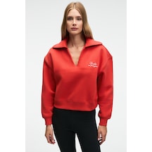 Grımelange HANEL Kadın V Gömlek Yaka Nakış Detaylı Regular Fit Kırmızı Sweatshirt