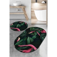 Yeşil Yapraklı Desen Oval Banyo Klozet Paspas Seti Bs089n11
