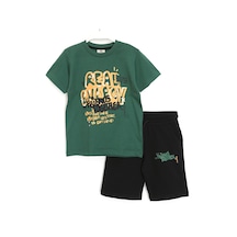 Dobakids Slogan Baskılı Erkek Çocuk Şort T-shirt Takım 4-11 Yaş Yeşil