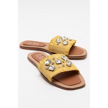 Luvishoes Norve Sarı Hasır Taşlı Kadın Terlik Sarı