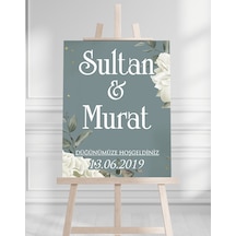 Söz Nişan Düğün İçin 50x70 Karşılama Panosu - Beyaz Çiçek Ve Turkuaz Tasarımlı