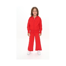Toontoy Kids Toontoy Kız Çocuk 2'li Takım Kapüşonlu Fermuarlı Sweatshirt & Beli Lastikli Bol Paça Cepli Eşofman Altı - 2 İplik Kırmızı