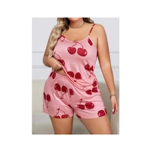 Kapsulavm Büyük Beden Pembe Kiraz Desen İnce Askılı Pamuklu Şortlu Pijama Takımı Pembe