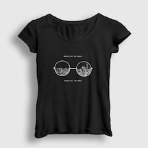 Presmono Kadın Glasses Beatles John Lennon T-shirt Siyah