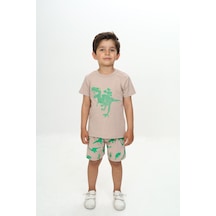 Toontoy Kids Toontoy Erkek Çocuk 2'li Takım Baskılı Bisiklet Yaka Tişört & Beli Lastikli Şort Bej