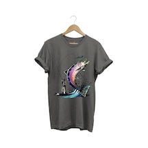 Balık Avı Baskılı Fishing Olta İle Balık Tutmak Turna Levrek Balığı Regular Fit %100 Pamuk Tişört Antrasit