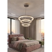 Kristal 3 Lü Halka Krom Avize 3 Renkli Kumandalı Modern Salon, Yemek Masası, Mutfak, Antre Çocuk Odası Aydınlatma Gümüş
