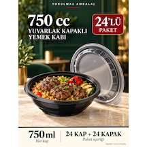 750 Cc Yuvarlak Kapaklı Yemek Kabı 24 Lü Set Siyah Paket Servis Ve Porsiyon Kabı