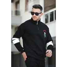 Babar Üç İplik Şardonlu Nakışlı Fermuarlı Dik Yaka Oversize Erkek Sweatshirt 001