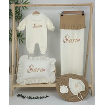Gros Shop Müslin Yeni Doğan 4katlı Organik %100pamuk Kişiye Özgü Nakışlı Hastane Çıkış Seti Papatya Model-13 Ekru-2