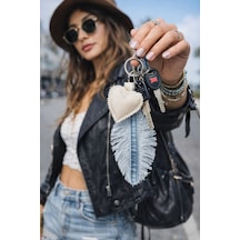 El İşçiliği Kalp Yaprak Detaylı Denim Çanta Charm Mavi - Bej
