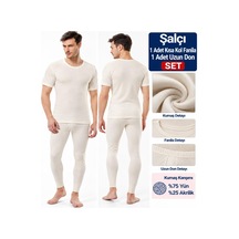 Şalcı Şalçı Safyün Erkek %75 Yün Uzun Don Ve Kısa Kol Fanila İçlik Set - 1 Set Ekru