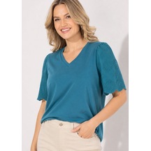 Mamayaga Kadın V Yaka Kolları Güpürlü Curve Büyük Beden Spor Şık %100 Cotton Tshirt Bluz Petrol Mavi