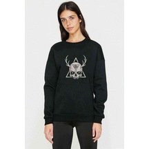 Skull Triangle Geyik Baskılı Siyah Kadın Sweashirt