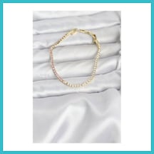 Bezos Pembe Ve Beyaz Zirkon Taşlı Gold Renk Su Yolu Kadın Bileklik Dfnbez