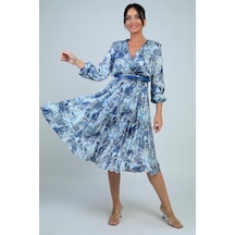 By Saygı Kadın Kruvaze Yaka Beli Kemerli Astarlı Zincir Desen Piliseli Midi Saten Elbise-41706 Indigo