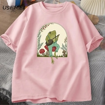Flood Of Style Sevimli Cottagecore T-shirt Estetik Kurbağa Oynarken Banjo Mantar T Shirt Erkekler Yaz Pamuk Pembe