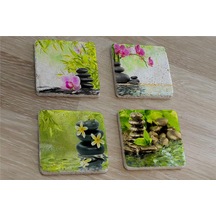 Spa Taşları Ve Orkide Doğal Taş Bardak Altlığı 4'lü Set - Natural Stone Coasters - Taş Çok Renkli