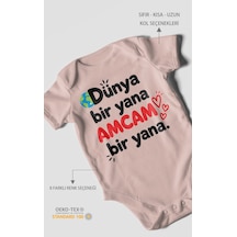 Morivokids Dünya Bir Yana, Amcam Bir Yana Kısa Kollu Bebek Body %100 Pamuk Pastel Pembe