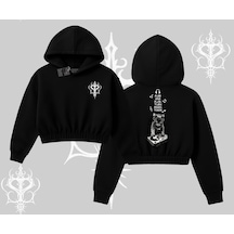 Dj Kedi Baskılı Müzik Temalı Kapşonlu Crop Sweatshirt Siyah