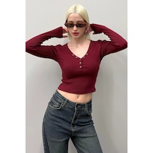 Madmext Bordo V Yaka Uzun Kollu Düğme Detaylı Kaşkorse Bodysuit Mg2194 Bordo