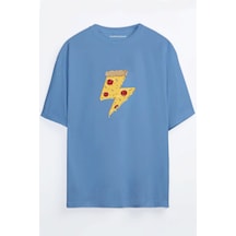 Pizza Power Baskılı Unisex Siyah Oversize T-shirt Mavi