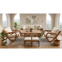 Gardenlove Bahçe Balkon Koltuk Masif Ahşap Kestane Ağacı 3+1+1 Koltuk, Masa Ve Puf Takımı Krem