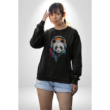Kulaklık Ayı Panda Unisex Siyah Baskılı Sweatshirt Siyah