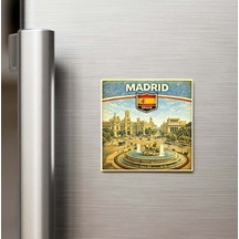 Retro İspanya Madrid Şehri Temalı Vintage Buzdolap Magneti 9x9 Cm