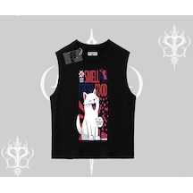 Tarzsokak Smell Of Fresh Food Kedi Baskılı Kolsuz Tshirt Siyah