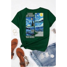 Unisex Van Gogh Yıldızlı Gece Sırt Baskılı Oversize T-shirt Yeşil