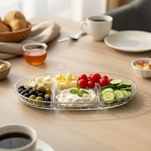 Şık Tasarımlı 3 Bölmeli Cam Kahvaltılık 27x15 Cm Dayanıklı Servis Tabağı, Çok Bölmeli Sunum Kabı, Çizgili Desen Modern Cam Meze Ve Atıştırmalık Tabağı