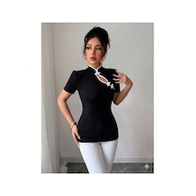 Butik İstanbul Kadın Beyaz Şerit Detaylı Dar Kesim Dik Yaka Bluz Siyah