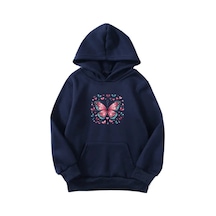 Unisex Oversize Şardonlu Kışlık Renkli Kelebekler Baskılı Kapüşonlu Sweatshirt - Lacivert Lacivert