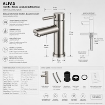 Alfas Lavabo Bataryası İnox Fırçalı Nikel 304 Paslanmaz Çelik Aç Kapa Banyo Bataryası 17x9cm Inox