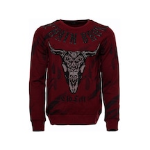 Wessi Bordo Taşlı Baskılı Bisiklet Yaka Sweatshirt Bordo