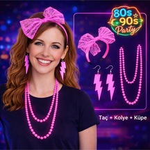 80 Ler 90 Lar Neon Pembe Parti Seti Kolye Küpe Taç Turuncu