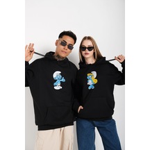 Siyah Unisex Ikili Şirinler Baskılı Oversize Kapşonlu Sweatshirt Hoodie Tw-Tomjerrybaskı Siyah