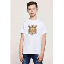 Polygonal Head Tiger Kaplan Baskılı Unisex Çocuk Beyaz T-Shirt