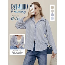 Shabrand Uzun Keten Çizgili Oversize Gömlek 450933791 Mavi