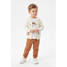 Toontoy Kids Toontoy Erkek Çocuk 3'lü Eşofman Takımı Uzun Kollu Bisiklet Yaka Nakışlı T-shirt - Kapüşonlu Fermuarlı Hırka- Beli Paçası Lastikli Eşofman Altı 25043 Kahverengi