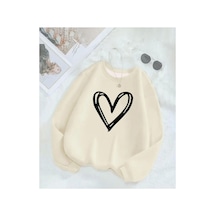 Herkesemoda Kalp Baskılı Bisiklet Yaka İçi Polarlı Sweatshirt Bej