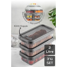 Vienev 3lü Kendinden Çizgili Kilitli Kapaklı Saklama Kabı Seti 2 Litre Antrasit